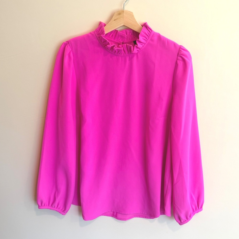 J.Crew Hot Pink Ruffle Neck Puff Sleeve Blouse Barbiecore Preppy Fuchsia Top M